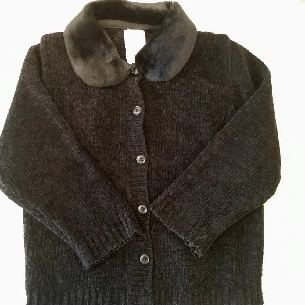 Vintage babyGAP Black Chenille Cardigan Sweater w/Faux Fur Collar, sz 2xl/3xl